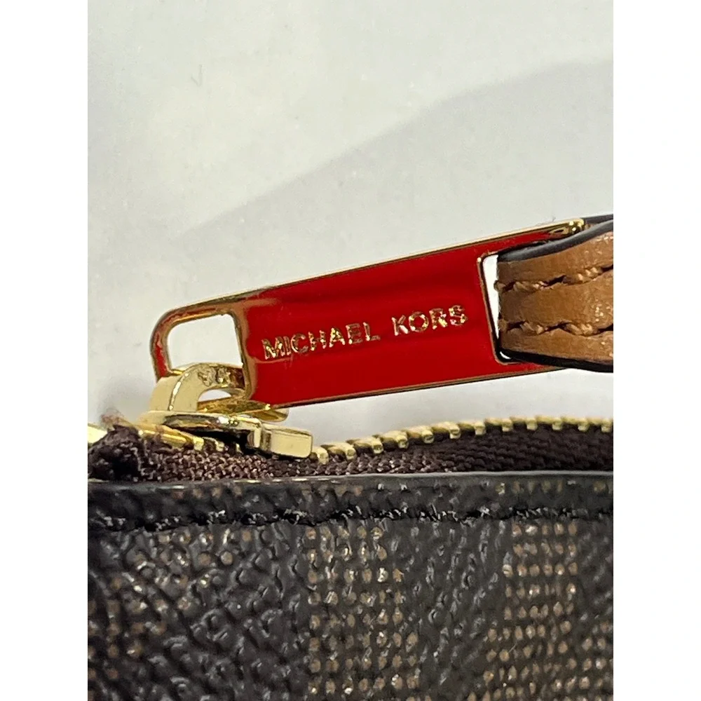 Michael Kors Jet Set Large East West Leather Wristlet Brown Logo Monogram Clutch